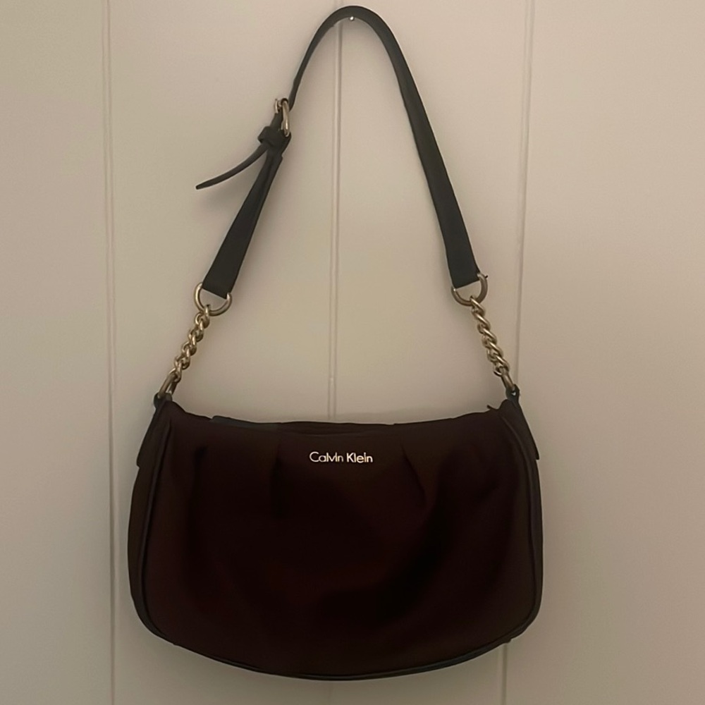Calvin Klein Brown and Gold Shoulder Bag with Classic Design